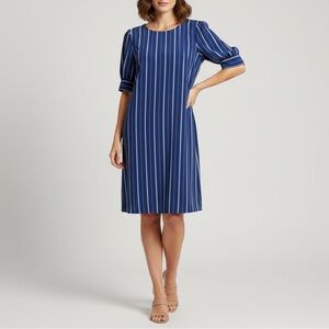 Karl Lagerfeld Paris Navy Blue and White Striped Shift Dress - Size 14